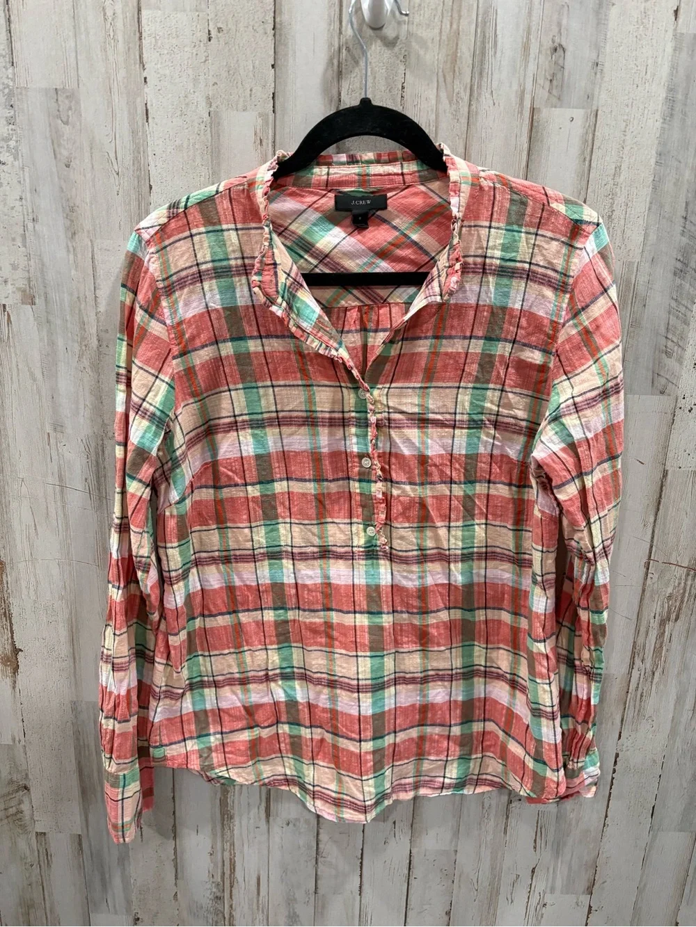 J.Crew 100% Cotton Plaid Button Front Shirt Women’s Size 8 Coral Green Preppy